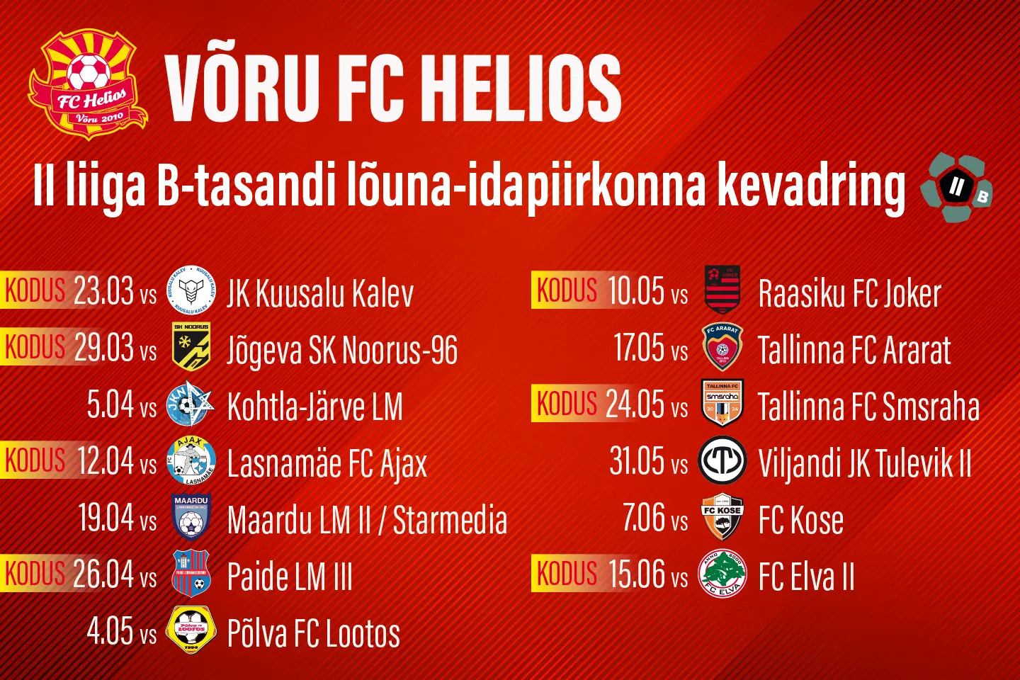 Paika on saanud meie meeskonna tänavuste liigamängude ajakava. II liiga lõuna-idapiirkonna esimeses voorus võõrustame 22. märtsil Barrus Arenal Kuusalu Kalevit.